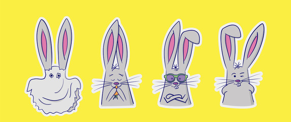 Set of cute rabbits with different emotions. 4 stickers perfect for kid's card, banners, stickers and other. Ghost, with a carrot, cool hipster with glasses, and winks. Isolated vector illustration.