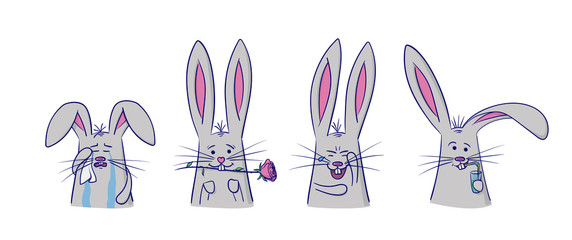 Set of cute rabbits with different emotions. 4 stickers perfect for kid's card, banners, stickers and other. Cry, love, laughing and drunk. Isolated vector illustration.