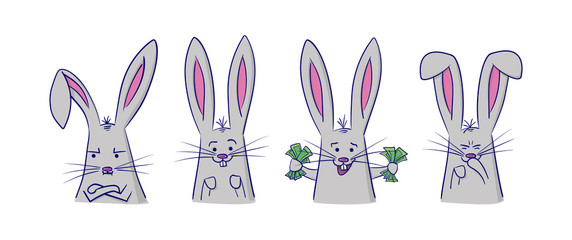 Set of cute rabbits with different emotions. 4 stickers perfect for kid's card, banners, stickers and other. Angry, positive, rich and giggling hare. Isolated vector illustration.