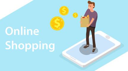 Online shopping. A man holds a shopping bag while standing on a smartphone. Isometric illustration of online shopping