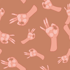 Pattern depicting illustrations of the human hand in victory gesture. Seamlessly Repeatable.