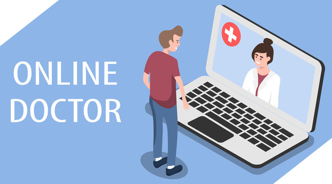 Doctor online. The concept of online medicine. Images of people in isometry. Flat isometric vector illustration isolated on blue background.