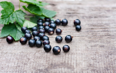 fresh black currant in the glass, on rustic wooden board