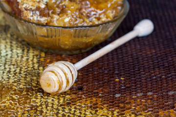 Honeycombs with honey and wooden honey dipper