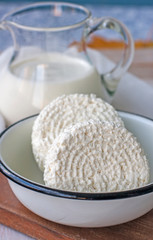 Fresh dairy products milk, cottage cheese , rustic wood backgro