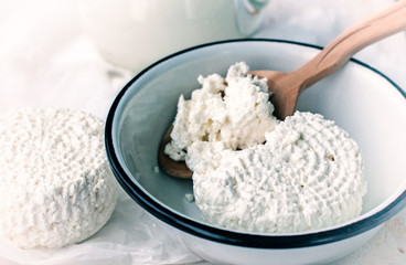 Fresh dairy products milk, cottage cheese , rustic wood backgro