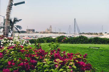 Obraz premium September 12th, 2017 - Al Hamra Village in Ras al Khaimah, United Arab Emirates.View of Persian gulf marina, blossoming flowers and parked yachts in luxury life style community Al Hamra Village.