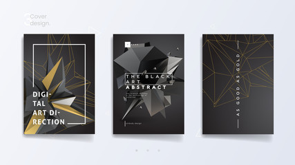Dark abstract industrial brochure template set with 3d polygonal shapes and contours, can be used for technology brand, advertising promotion and typography design. Vector illustration
