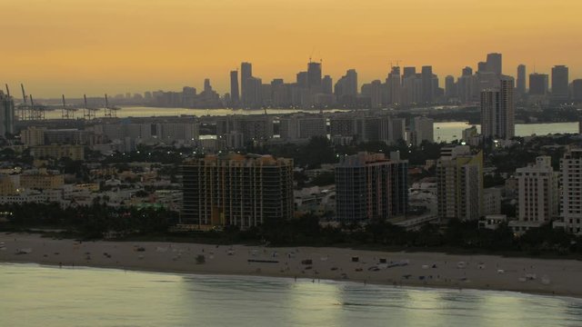 Aerial tropical sunset view of Ocean Drive hotel Condominium resort South Beach Miami city Skyscrapers Florida USA 