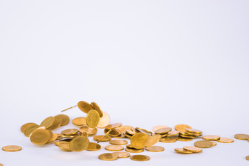 Movement of falling gold coin, flying coin, rain money with soft shadow on white background, business and financial wealth and take profit concept.