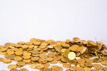 Movement of falling gold coin, flying coin, rain money with soft shadow on white background, business and financial wealth and take profit concept.