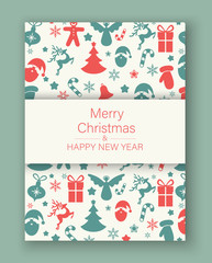 Merry Christmas and Happy New Year card with green and red holiday pattern.