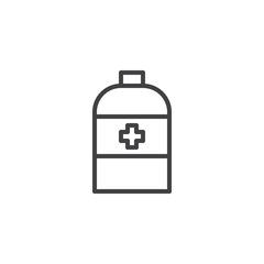 Obraz premium Medicine bottle outline icon. linear style sign for mobile concept and web design. Medical bottle with cross simple line vector icon. Pharmacy symbol, logo illustration. Pixel perfect vector graphics