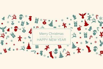 Merry Christmas and Happy New Year card with red and green holiday pattern.
