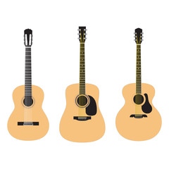 Set of acoustic guitars isolated on white background. Popular types of guitars housing. Orchestra model. Dreadnought. Jumbo.