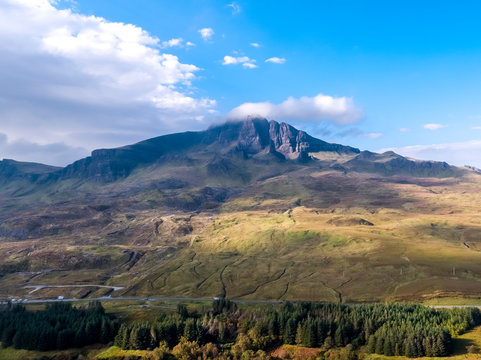 Aerial view of the old man of Storr in autumn - Isle of Skye, Scotland