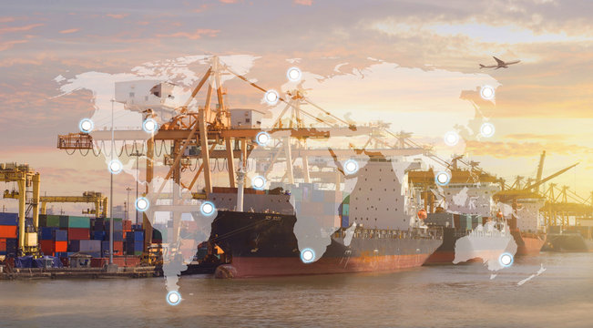 World map ports service of shipping line background industry shipping logistics business.