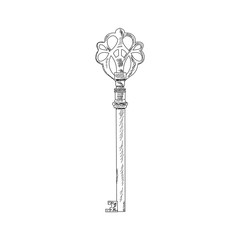 white background, sketch, simple lines. vintage key, beautiful