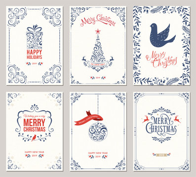 Ornate Merry Christmas greeting cards templates. Vector illustration.