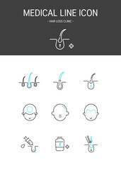 Medical elements outline icons set. Hair loss clinic
