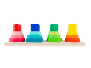 Wooden toy geometric four column with different size for child development isolated on a white background, Logical thinking or problem solving.