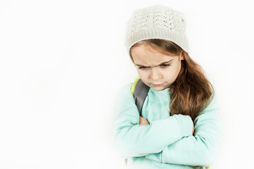 beautiful girl elittle beautiful girl emotionally angry, offended, on white isolated...