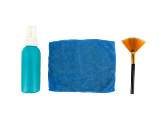 Cleaning set use for camera or computer screen, brush, liquid crystal screen and microfiber isolated on white background
