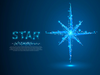 Polar Volumetric star with eight rays. Polygonal space low poly with connecting dots and lines. Star in the sky concept. Connection wireframe structure. Vector on dark blue background