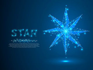 Volumetric star with eight rays. Polygonal space low poly with connecting dots and lines. Star in the sky concept. Connection wireframe structure. Vector on dark blue background