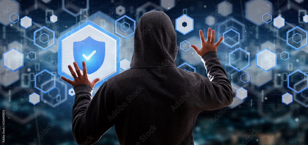 Poster hacker man holding a padlock web security concept 3d rendering