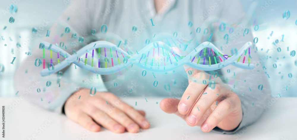 Canvas Prints man holding a 3d rendering data coded dna with binary file around