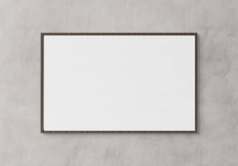 Black rectangular horizontal frame hanging on a white wall mockup 3D rendering - obrazy, fototapety, plakaty