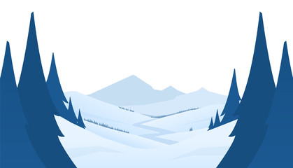 Winter snowy mountains scene with hills and pines in foreground. Flat cartoon landscape