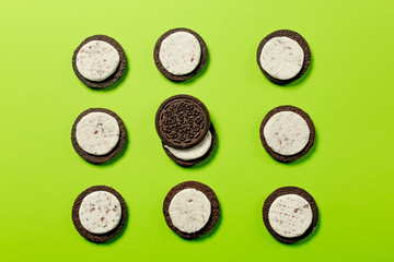 Oreo cookies, Chocolate cream filling sandwich cookies on a green background