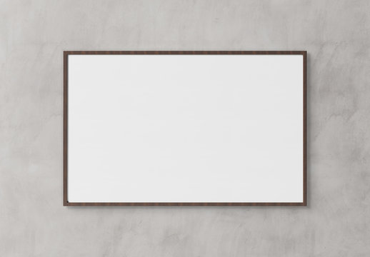 Black rectangular horizontal frame hanging on a white wall mockup 3D rendering