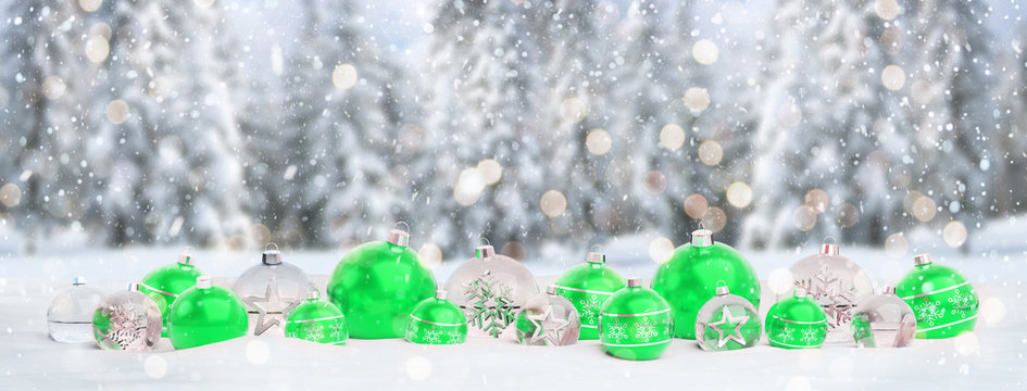 Green and silver christmas baubles isolated 3D rendering