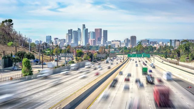 Time Lapse Of Los Angeles City Freeway Traffic At Sunny Day