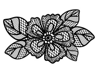 Black lace pattern with flowers on white background