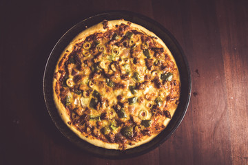 Pizza Pan take from top view with dark brown wood