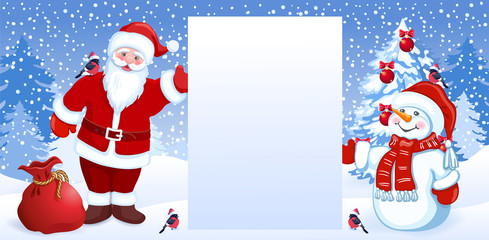 Cartoon Santa Claus and  funny snowman hold celebratory Christmas background