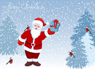 Сartoon Santa Claus with gift box with Christmas balls in his hand and bullfinch on his shoulder