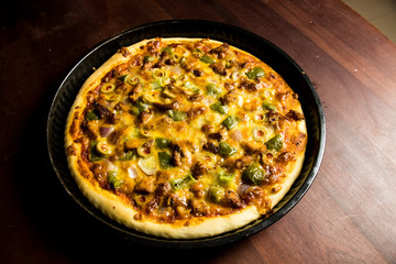 Pizza Pan take from top view with dark brown wood