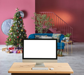 Claret red living room with Christmas tree and new year concept, close up desktop screen on the wooden desk.