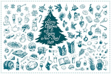 Christmas toys hand drawn vector icons set