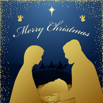Merry Christmas religious greeting. Son of god was born spiritual biblical history. Square dark blue background, silhouette of couple and wise men characters Isolated graphic xmas icon design template