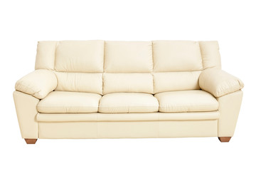 Three seats cozy leather sofa in nice champagne color, isolated on white.