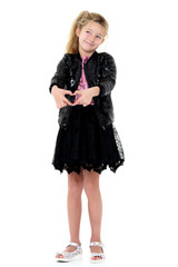 Little girl shows heart with her hands.