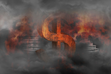 Rust dollar sign burned in a flaming fire with stairs from underground upward as background