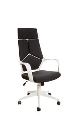 Тhree-fourths view of a modern office chair, made of white plastic, upholstered with black textile. Isolated on white background.