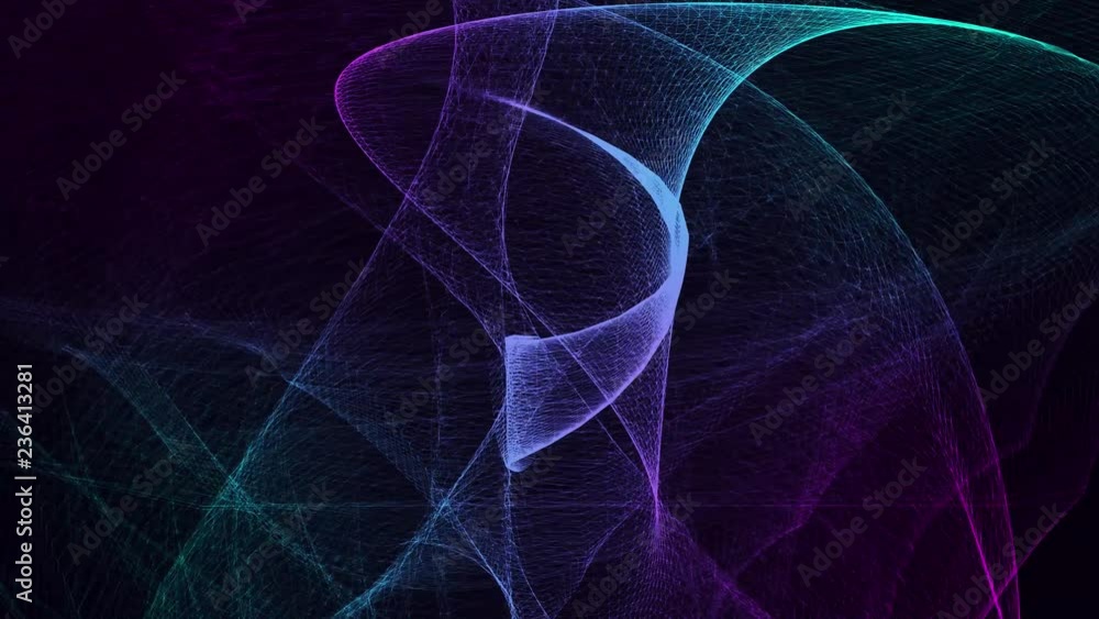 Poster moving abstraction consisting of several connected lines in blue tones. black background